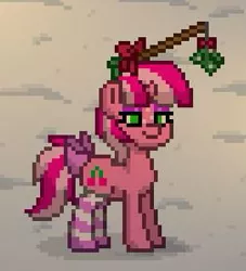 Size: 251x277 | Tagged: safe, derpibooru import, oc, oc:cherry days, unofficial characters only, pony, unicorn, pony town, bow, clothes, eyeshadow, female, fishing rod, horn, makeup, mare, mistletoe, pixel art, smiling, snow, socks, solo, striped socks, tail bow, unicorn oc