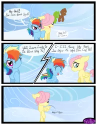 Size: 3500x4500 | Tagged: safe, artist:becauseimpink, derpibooru import, fluttershy, rainbow dash, oc, pegasus, pony, comic:transition, butterscotch, colt, comic, dialogue, eyes closed, female, filly, filly fluttershy, filly rainbow dash, male, one eye closed, raised hoof, rule 63, smiling, transgender, wink, younger