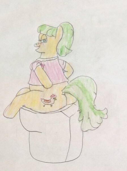 Size: 772x1034 | Tagged: suggestive, artist:snipiper, derpibooru import, chickadee, ms. peachbottom, earth pony, pony, but why, butt, female, implied farting, implied pooping, plot, toilet, traditional art