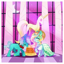 Size: 600x600 | Tagged: safe, artist:ipun, derpibooru import, oc, oc:melody mint, unofficial characters only, pony, unicorn, bowtie, clothes, deviantart watermark, dress, female, gala dress, male, mare, obtrusive watermark, stallion, watermark