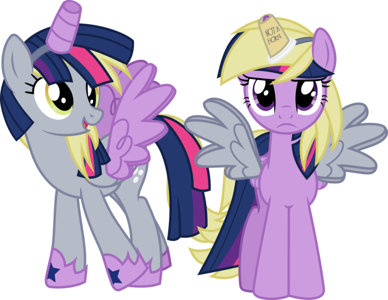 Size: 775x600 | Tagged: safe, artist:geometrymathalgebra, derpibooru import, derpy hooves, twilight sparkle, twilight sparkle (alicorn), alicorn, pegasus, pony, scare master, alicorn costume, clothes, cosplay, costume, costume swap, cute, derpabetes, fake horn, fake wings, female, four winged, mare, nightmare night costume, not a horn, simple background, toilet paper roll, toilet paper roll horn, transparent background, twiabetes, twilight is not amused, twilight muffins, unamused, wig