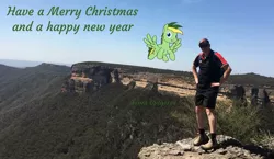 Size: 1176x680 | Tagged: safe, artist:didgereethebrony, derpibooru import, oc, oc:didgeree, human, pegasus, pony, australia, blue mountains, boots, canyon, cliff, clothes, happy new year, holiday, irl, kanangra boyd national park, kanangra walls, lookout, merry christmas, mlp in australia, new south wales, photo, ponies in real life, shoes, shorts, valley