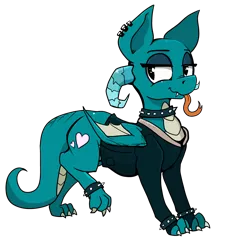 Size: 3579x3458 | Tagged: safe, artist:paskanaakka, derpibooru import, oc, oc:puppy love, unofficial characters only, dracony, dragon, hybrid, pony, 2020 community collab, derpibooru community collaboration, bracelet, choker, clothes, ear piercing, emo, eyeshadow, fangs, forked tongue, horns, jacket, long tongue, makeup, male, piercing, simple background, smiling, solo, spiked choker, spiked wristband, tongue out, transparent background, wings, wristband