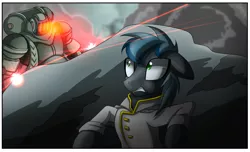 Size: 2800x1700 | Tagged: semi-grimdark, artist:elmutanto, derpibooru import, oc, oc:fantastic storm, unofficial characters only, pegasus, pony, fallout equestria, fanfic:fallout equestria: broken oaths, male, sentry bot, solo, stallion