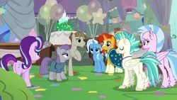 Size: 1920x1080 | Tagged: safe, derpibooru import, screencap, maud pie, mudbriar, silverstream, starlight glimmer, sunburst, terramar, trixie, classical hippogriff, hippogriff, pony, student counsel