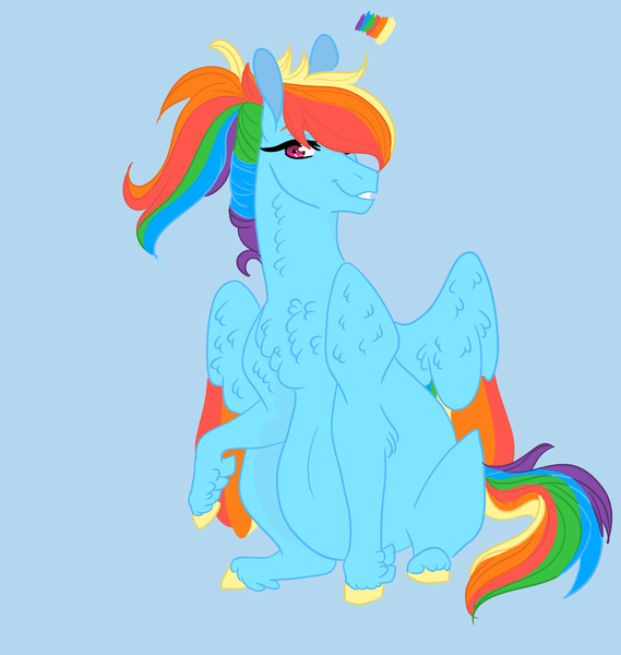 Size: 2998x3163 | Tagged: safe, artist:lunarainbowfarts, derpibooru import, rainbow dash, pegasus, pony, alternate design, belly, chest fluff, female, hair over one eye, hoof fluff, looking at you, mare, preggo dash, pregnant, sitting