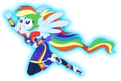 Size: 1200x800 | Tagged: safe, artist:sapphiregamgee, derpibooru import, rainbow dash, cheer you on, equestria girls, equestria girls series, forgotten friendship, spoiler:eqg series (season 2), >:), blue glow, clothes, gorget, image, long shirt, looking up, multicolored hair, png, ponied up, pony ears, rainbow hair, shoes, short sleeves, simple background, solo, super ponied up, transparent background, wings