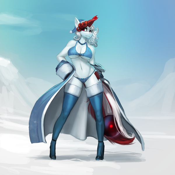 Size: 1500x1500 | Tagged: anthro, anthro oc, armor, artist:nsilverdraws, bra, breasts, christmas, clothes, coat, contra pose, derpibooru import, devil, female, helix horn, holiday, jojo pose, looking at you, oc, oc:razlad, panties, seductive pose, sexy, sky, snegurochka, snow, socks, suggestive, unconvincing armor, underboob, underwear, unofficial characters only