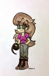 Size: 724x1104 | Tagged: safe, artist:michaelmaddox222, deleted from derpibooru, derpibooru import, oc, oc:jenna prep, equestria girls, boots, clothes, colored, female, hiking boots, looking at you, pencil drawing, rope, shoes, signature, solo, traditional art