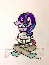 Size: 779x1025 | Tagged: safe, artist:michaelmaddox222, deleted from derpibooru, derpibooru import, starlight glimmer, anthro, plantigrade anthro, unicorn, bondage, clothes, colored, crossed legs, female, floppy ears, horn, horn ring, implied cozy glow, looking down, magic suppression, pencil drawing, ring, signature, sitting, socks, solo, straitjacket, traditional art
