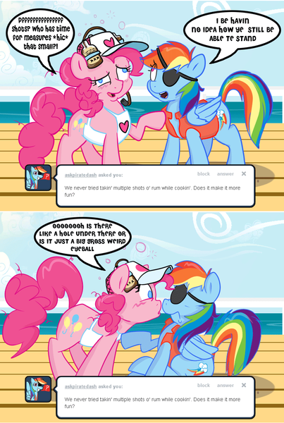 Size: 781x1164 | Tagged: safe, artist:pippy, derpibooru import, pinkie pie, rainbow dash, pony, pinkiepieskitchen, drinking hat, drunk, drunkie pie, hat, pirate dash