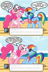 Size: 781x1164 | Tagged: safe, artist:pippy, derpibooru import, pinkie pie, rainbow dash, pony, pinkiepieskitchen, drinking hat, drunk, drunkie pie, hat, pirate dash