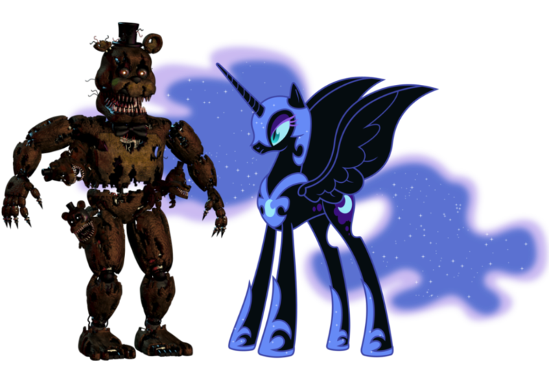 Size: 1095x730 | Tagged: safe, derpibooru import, nightmare moon, alicorn, anthro, bear, pony, animatronic, antagonist, anthro with ponies, crossover, duo, female, five nights at freddy's, fnaf 4, looking at you, male, nightmare freddy, png, sharp teeth, simple background, spread wings, standing, teeth, transparent background, wings