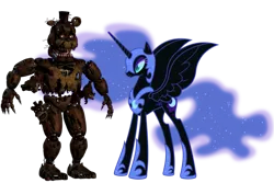 Size: 1095x730 | Tagged: safe, derpibooru import, nightmare moon, alicorn, anthro, bear, pony, animatronic, antagonist, anthro with ponies, crossover, duo, female, five nights at freddy's, fnaf 4, looking at you, male, nightmare freddy, png, sharp teeth, simple background, spread wings, standing, teeth, transparent background, wings