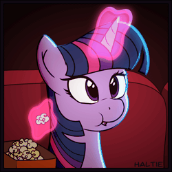 Size: 1200x1200 | Tagged: safe, artist:haltie, derpibooru import, twilight sparkle, pony, :t, animated, aweeg*, blinking, chewing, cute, eating, female, food, gif, levitation, looking up, loop, magic, mare, open mouth, popcorn, puffy cheeks, smiling, solo, telekinesis, twiabetes, watching