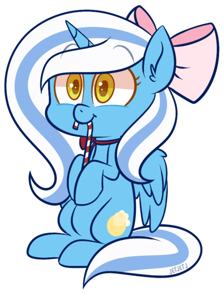 Size: 680x892 | Tagged: adorabelle, adorable face, alicorn, alicorn oc, artist:jetjetj, bow, candy, candy cane, chibi, cute, derpibooru import, female, food, hair bow, horn, mare, oc, oc:fleurbelle, ribbon, safe, wings, yellow eyes