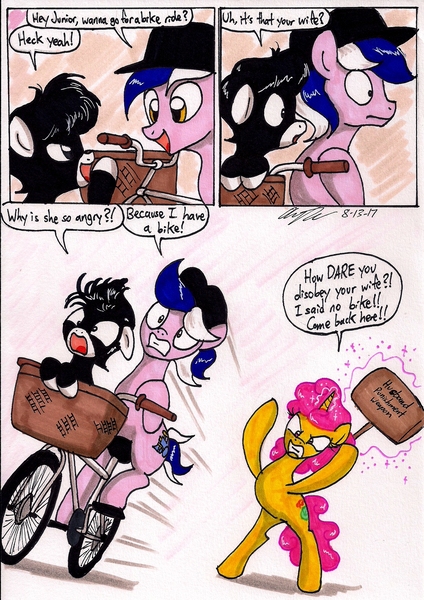 Size: 1398x1979 | Tagged: safe, artist:newyorkx3, derpibooru import, oc, oc:karen, oc:mikey, oc:tommy junior, unofficial characters only, earth pony, pony, unicorn, angry, bicycle, cap, colt, comic, female, hat, husband and wife, kakey, male, mallet, riding, traditional art