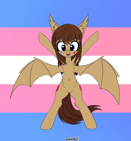 Size: 1280x1372 | Tagged: safe, artist:lunebat, derpibooru import, oc, oc:lunette, unofficial characters only, bat pony, pony, bat pony oc, bat wings, bipedal, pride, pride flag, solo, transgender, transgender pride flag, wings