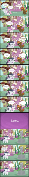 Size: 1511x9116 | Tagged: safe, artist:lunaticdawn, derpibooru import, button mash, rumble, sweetie belle, earth pony, pegasus, pony, unicorn, abuse, beanie, buttonbuse, colt, comic, female, filly, hat, magic, magic aura, male, petrification, ponyville, rumbelle, shipping, shipping denied, statue, stone, straight