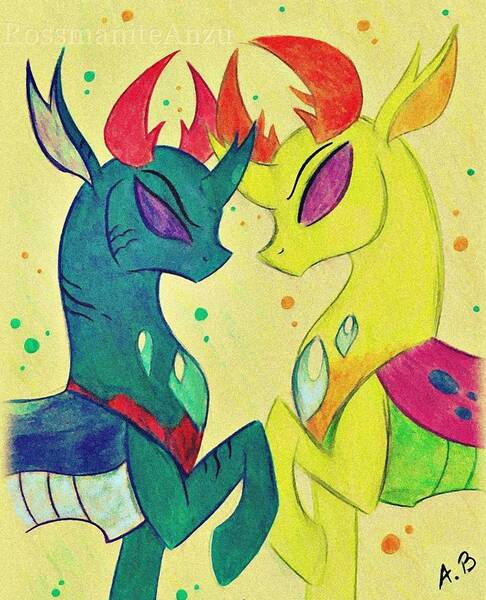 Size: 805x993 | Tagged: artist:rossmaniteanzu, changedling, changedling brothers, changeling, derpibooru import, duo, king thorax, pharynx, prince pharynx, safe, thorax, traditional art