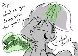 Size: 1280x915 | Tagged: safe, artist:northwindsmlp, derpibooru import, oc, oc:littlepip, unofficial characters only, pony, unicorn, fallout equestria, fanfic, blatant lies, clothes, fanfic art, female, glowing horn, gun, handgun, hooves, horn, levitation, little macintosh, magic, mare, open mouth, optical sight, pipbuck, revolver, scope, solo, telekinesis, vault suit, weapon