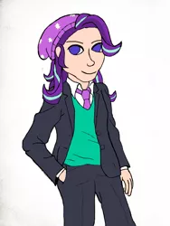 Size: 3120x4160 | Tagged: safe, artist:jesterofdestiny, derpibooru import, starlight glimmer, human, equestria girls, beanie, clothes, digitally colored, dress shirt, hand in pocket, hat, humanized, looking at you, necktie, solo, suit, sweater vest, traditional art