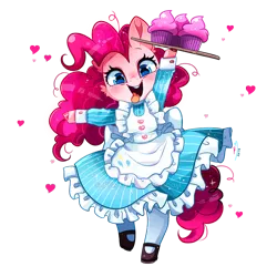 Size: 800x800 | Tagged: safe, artist:ipun, derpibooru import, pinkie pie, earth pony, semi-anthro, cheek fluff, clothes, cloven hooves, colored hooves, cupcake, cute, deviantart watermark, diapinkes, dress, ear fluff, female, food, heart, looking at you, maid, mare, obtrusive watermark, open mouth, shoes, simple background, socks, solo, tongue out, transparent background, watermark