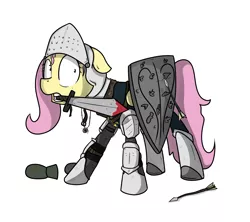 Size: 1800x1600 | Tagged: safe, artist:kippzu, derpibooru import, fluttershy, pegasus, pony, armor, blood, scared, shield, simple background, solo, sword, weapon, white background