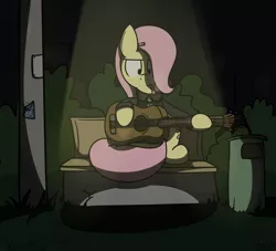 Size: 2200x2000 | Tagged: safe, artist:kippzu, derpibooru import, fluttershy, pony, cigarette, drawthread, guitar, moody, musical instrument, smoking, solo