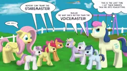 Size: 800x450 | Tagged: safe, artist:quint-t-w, derpibooru import, apple bloom, bon bon, cotton cloudy, dinky hooves, fluttershy, rainbow dash, scootaloo, shady daze, sweetie belle, sweetie drops, earth pony, pegasus, pony, unicorn, argument, cloud, cutie mark crusaders, dialogue, fence, foal, mare of a thousand voices, old art, single panel, swing, thought bubble