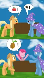 Size: 450x800 | Tagged: safe, artist:quint-t-w, derpibooru import, applejack, pinkie pie, trixie, earth pony, pony, unicorn, apple, argument, cape, clothes, comic, eye contact, female, food, hat, looking at each other, mare, old art, pineapple, pinecone, pun, rearing, shocked, smiling, trixie eating pinecones, trixie's cape, trixie's hat, visual pun