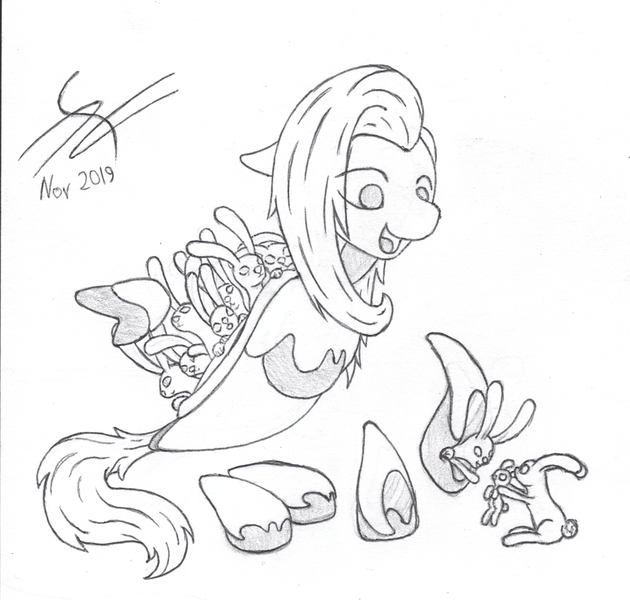 Size: 1084x1032 | Tagged: safe, artist:parallel black, derpibooru import, fluttershy, pony, rabbit, robot, robot pony, animal, floating, flutterbot, limbless, modular, monochrome, roboticization, simple background, sketch, traditional art, white background