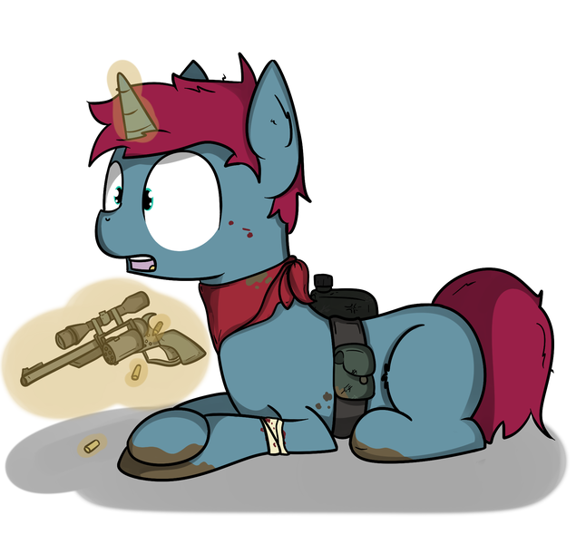 Size: 1800x1700 | Tagged: safe, artist:kippzu, derpibooru import, oc, pony, unicorn, bandage, blood, fallout, gun, levitation, magic, request, telekinesis, weapon