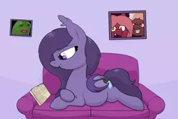 Size: 3418x2298 | Tagged: safe, artist:moonatik, derpibooru import, oc, oc:arlia, oc:thorium, bat pony, pony, bat pony oc, bat wings, book, communist manifesto, couch, female, framed picture, lying down, mare, pepe the frog, pregnant, reading, solo, wings, younger