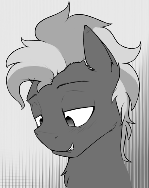 Size: 1567x1985 | Tagged: suggestive, artist:toanderic, derpibooru import, oc, oc:digidash, unofficial characters only, pegasus, pony, black and white, blushing, bust, grayscale, lip bite, male, monochrome, portrait, solo, solo male, stallion