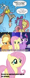 Size: 472x1224 | Tagged: suggestive, artist:jay fosgitt, derpibooru import, edit, edited screencap, editor:fluttershyisnot adoormat, idw, screencap, applejack, discord, fluttershy, twilight sparkle, twilight sparkle (alicorn), alicorn, spoiler:comic, spoiler:comic50, blushing, discoshy, female, implied pegging, male, meme, present, sex toy, shipping, straight, strapon