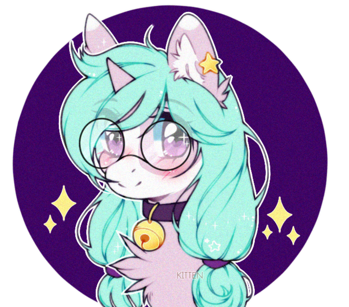 Size: 700x616 | Tagged: safe, artist:kitten-in-the-jar, derpibooru import, oc, unofficial characters only, pony, unicorn, bell, bell collar, blushing, bust, chest fluff, collar, ear fluff, female, glasses, looking at you, mare, pigtails, portrait, solo, sparkles, twintails