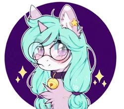 Size: 700x616 | Tagged: safe, artist:kitten-in-the-jar, derpibooru import, oc, unofficial characters only, pony, unicorn, bell, bell collar, blushing, bust, chest fluff, collar, ear fluff, female, glasses, looking at you, mare, pigtails, portrait, solo, sparkles, twintails