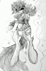 Size: 2486x3866 | Tagged: safe, artist:brainiac, derpibooru import, oc, oc:littlepip, unofficial characters only, pony, unicorn, fallout equestria, fanfic, black and white, clothes, fanfic art, female, glowing horn, grayscale, hooves, horn, levitation, magic, magic aura, mare, monochrome, pipbuck, self-levitation, simple background, sketch, solo, telekinesis, traditional art, vault suit, white background