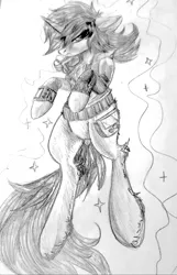 Size: 2486x3866 | Tagged: safe, artist:brainiac, derpibooru import, oc, oc:littlepip, unofficial characters only, pony, unicorn, fallout equestria, fanfic, black and white, clothes, fanfic art, female, glowing horn, grayscale, hooves, horn, levitation, magic, magic aura, mare, monochrome, pipbuck, self-levitation, simple background, sketch, solo, telekinesis, traditional art, vault suit, white background