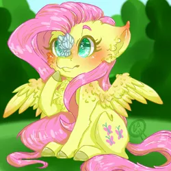 Size: 1024x1024 | Tagged: safe, artist:qiliang4131, derpibooru import, fluttershy, butterfly, pegasus, pony, blushing, butterfly on nose, cheek fluff, chest fluff, colored hooves, cross-eyed, cute, ear fluff, female, hoof on chin, insect on nose, looking at something, mare, outdoors, raised hoof, shoulder fluff, shyabetes, sitting, solo, spread wings, three quarter view, wings