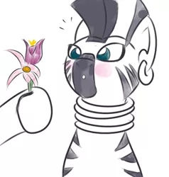 Size: 370x388 | Tagged: safe, artist:yakoshi, derpibooru import, zecora, pony, zebra, blushing, cropped, cute, ear piercing, female, flower, hoof hold, mare, monochrome, offscreen character, partial color, piercing, simple background, solo focus, white background, zecorable
