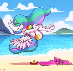 Size: 1971x1898 | Tagged: alicorn, anthro, artist:dsp2003, backflip, beach, bikini, clothes, cloud, crab, cutie mark, derpibooru import, exclamation point, female, interrobang, island, ocean, princess celestia, question mark, rainbow dash bikini, safe, signature, swimsuit, this will end in pain, this will end in tears, unguligrade anthro