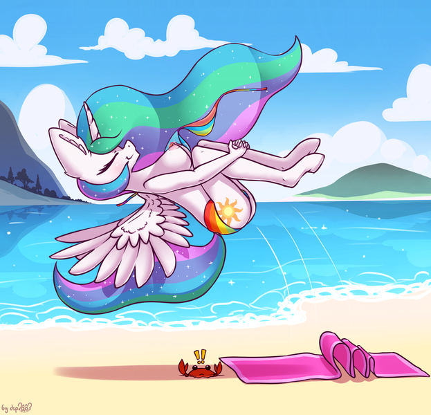 Size: 1971x1898 | Tagged: alicorn, alternate version, anthro, artist:dsp2003, backflip, beach, bikini, breasts, clothes, cloud, crab, cutie mark, derpibooru import, exclamation point, female, island, nipples, nudity, ocean, princess celestia, questionable, rainbow dash bikini, sand, signature, swimsuit, this will end in pain, this will end in tears, unguligrade anthro, wardrobe malfunction