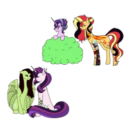 Size: 6200x5867 | Tagged: safe, artist:icey-wicey-1517, artist:moonlight0shadow0, color edit, derpibooru import, edit, starlight glimmer, sunset shimmer, oc, oc:evening glitter, oc:white lilly, pegasus, pony, unicorn, icey-verse, alternate hairstyle, blind eye, bush, collaboration, colored, ear piercing, earring, evening lilly, eye scar, eyebrow piercing, eyeshadow, family, female, hiding, jewelry, lesbian, lip piercing, looking at each other, magical lesbian spawn, makeup, mare, mother and child, mother and daughter, nose piercing, oc x oc, offspring, parent:applejack, parent:starlight glimmer, parent:strawberry sunrise, parent:sunset shimmer, parents:applerise, parents:shimmerglimmer, piercing, scar, shimmerglimmer, shipping, simple background, sitting, snake bites, spying, tattoo, transparent background