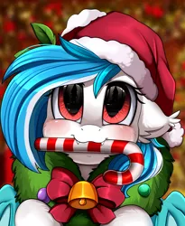 Size: 1446x1764 | Tagged: safe, artist:pridark, derpibooru import, oc, oc:snowflake, unofficial characters only, bat pony, pony, bat pony oc, bat wings, bell, blushing, candy, candy cane, christmas, commission, cute, cute little fangs, fangs, food, hat, holiday, mouth hold, ocbetes, pridark's christmas ponies, santa hat, solo, wings, wreath, ych result