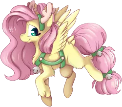 Size: 3087x2704 | Tagged: safe, artist:cutepencilcase, derpibooru import, fluttershy, deer, pegasus, pony, reindeer, animal costume, antlers, bell, butt fluff, chest fluff, christmas, clothes, costume, cute, female, high res, holiday, leg fluff, looking at you, mare, profile, reindeer costume, shyabetes, simple background, smiling, solo, spread wings, transparent background, wings