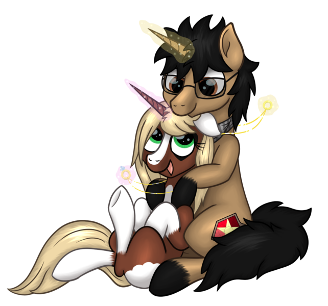 Size: 1196x1118 | Tagged: safe, artist:serenepony, deleted from derpibooru, derpibooru import, oc, oc:serene tone, oc:sweetheart, pony, unicorn, 2020 community collab, derpibooru community collaboration, couple, cuddling, engagement ring, female, glasses, looking at each other, magic, male, mare, markings, simple background, smiling, stallion, transparent background, tube scarf