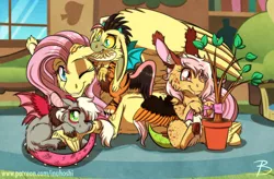 Size: 1450x951 | Tagged: safe, artist:inuhoshi-to-darkpen, derpibooru import, fluttershy, oc, oc:anarchy, oc:mayhem, oc:serenity, hybrid, pegasus, pony, biting, cheek fluff, chest fluff, cloven hooves, cute, cute little fangs, ear bite, ear fluff, fangs, female, fluffy, fluttermom, fluttershy's cottage, interspecies offspring, leg fluff, mare, offspring, one eye closed, parent:discord, parent:fluttershy, parents:discoshy, plant, shyabetes, smiling, unshorn fetlocks