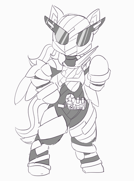 Size: 3316x4472 | Tagged: safe, artist:pabbley, derpibooru import, rainbow dash, pegasus, pony, semi-anthro, armor, bipedal, high res, kamen rider, kamen rider build, monochrome, solo